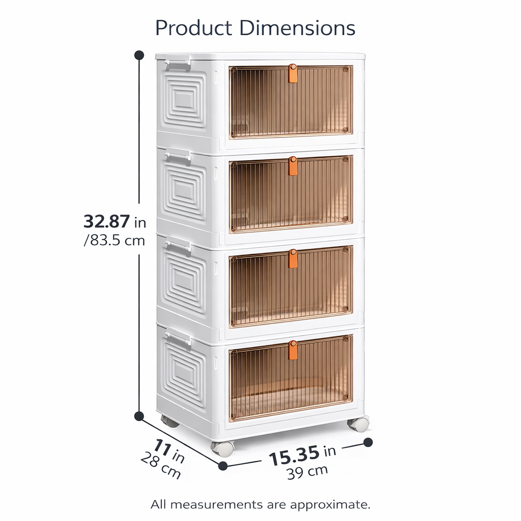 CEDARRA 4-Tier Plastic Storage Bins Organizer, Stackable & Foldable Storage Boxes with Lids, Clear Front Door Storage Cabinet