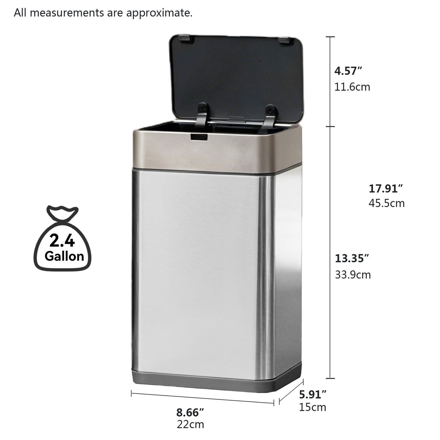 CEDARRA Automatic Motion Sensor Trash Can, 2.4 Gallon Stainless Steel Garbage Bin