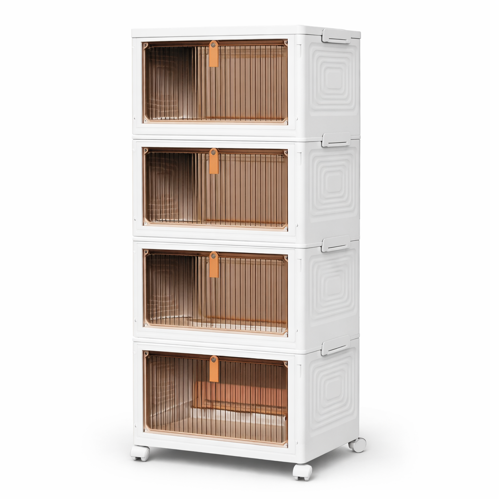 CEDARRA 4-Tier Plastic Storage Bins Organizer, Stackable & Foldable Storage Boxes with Lids, Clear Front Door Storage Cabinet
