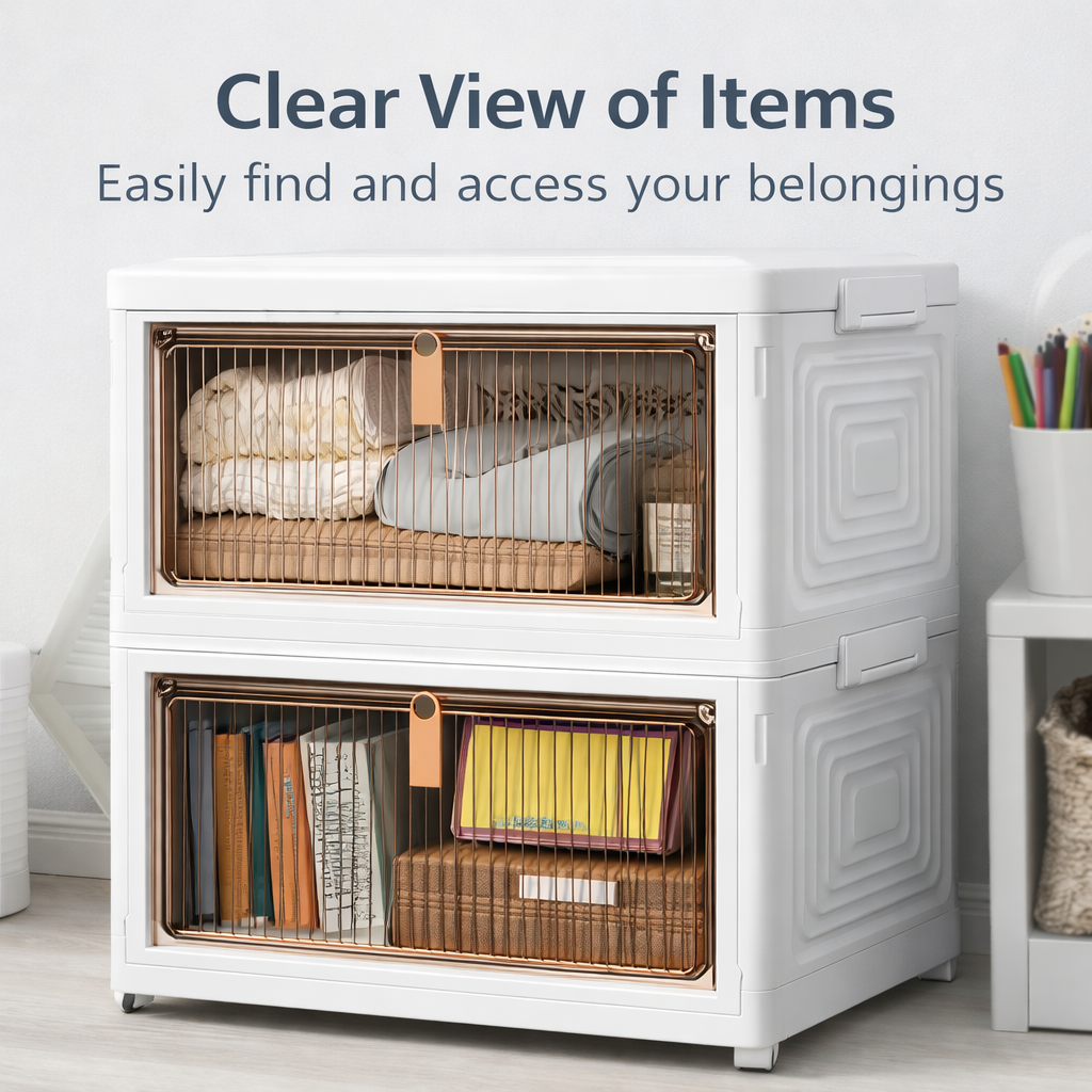 CEDARRA 4-Tier Plastic Storage Bins Organizer, Stackable & Foldable Storage Boxes with Lids, Clear Front Door Storage Cabinet