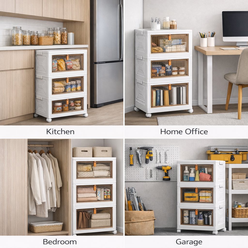 CEDARRA 4-Tier Plastic Storage Bins Organizer, Stackable & Foldable Storage Boxes with Lids, Clear Front Door Storage Cabinet